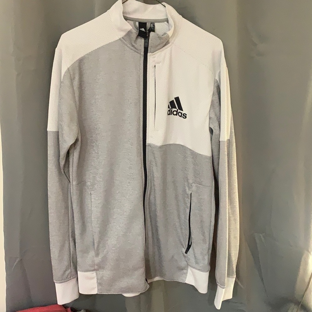 Adidas grey and white zip up track jacket size small men